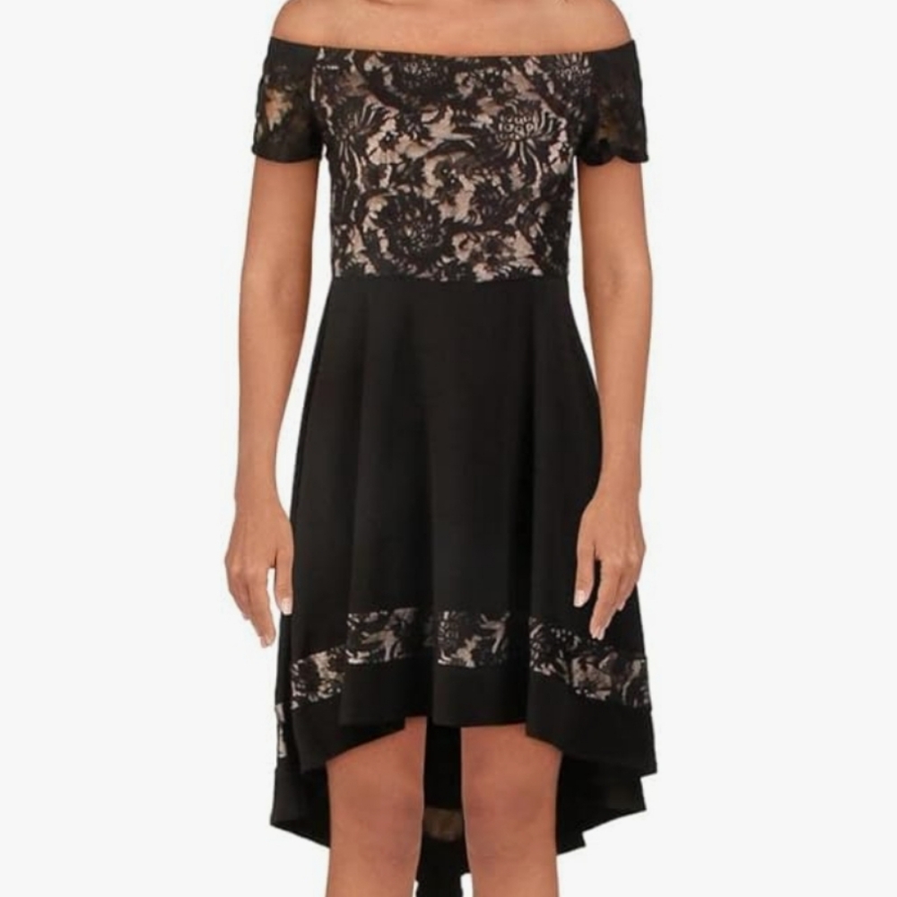 City Studio Elegant Lace Overlay Off-Shoulder Dress Black size 5